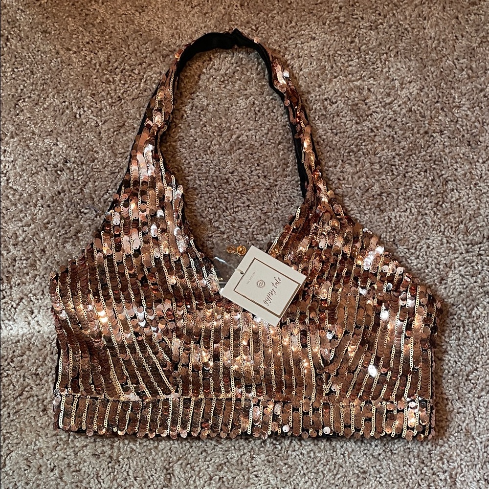 The Sang Sequin Halter Crop Top - Rose Gold